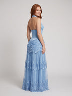 Sky Blue Glitter Tulle with Lace A-Line Halter Open Back Floor Length Dress - Curvevia