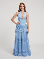 Sky Blue Glitter Tulle with Lace A-Line Halter Open Back Floor Length Dress - Curvevia