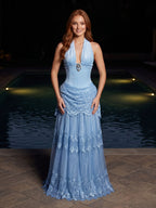 Sky Blue Glitter Tulle with Lace A-Line Halter Open Back Floor Length Dress - Curvevia
