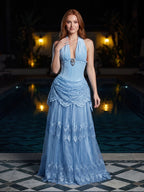 Sky Blue Glitter Tulle with Lace A-Line Halter Open Back Floor Length Dress - Curvevia