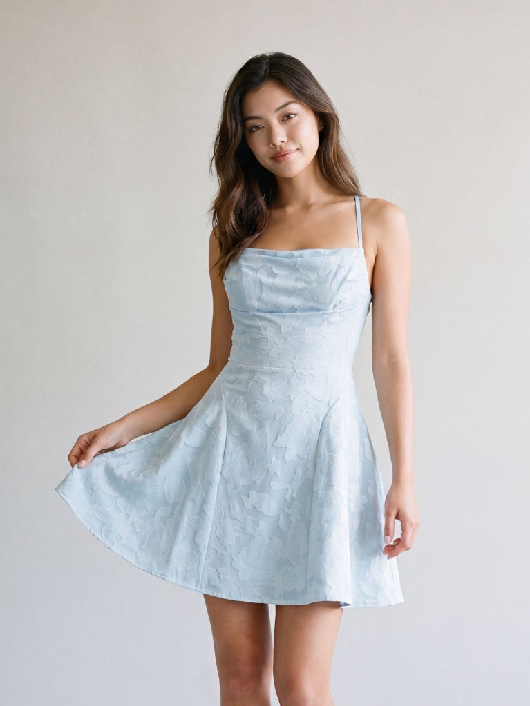 Sky Blue Jacquard A-Line Cowl Neck Lace-Up Back short Dress - Curvevia