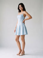 Sky Blue Jacquard A-Line Cowl Neck Lace-Up Back short Dress - Curvevia