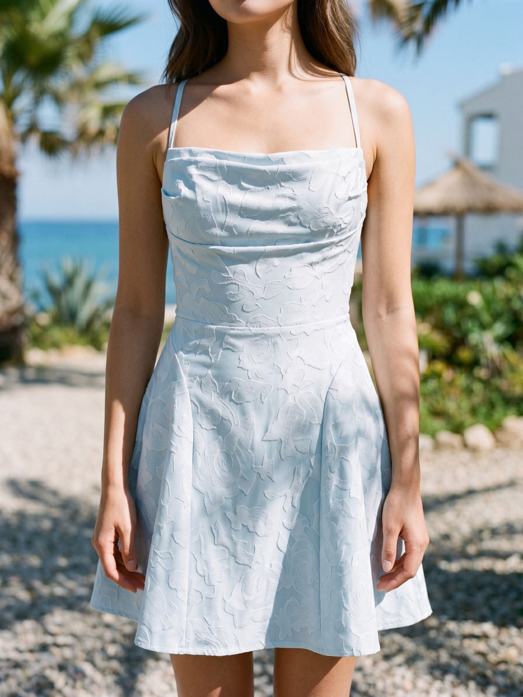 Sky Blue Jacquard A-Line Cowl Neck Lace-Up Back short Dress - Curvevia