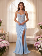 Lace & Satin Sheath Halter neckline Lace-up Floor-Length Dress - Curvevia