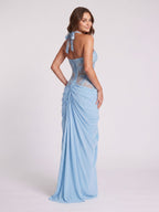Lace & Satin Sheath Halter neckline Lace-up Floor-Length Dress - Curvevia