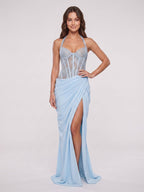 Lace & Satin Sheath Halter neckline Lace-up Floor-Length Dress - Curvevia