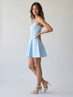 Sky Blue Matte Satin A-Line Square Neck Back Zip Mini Homecoming Dress - Curvevia