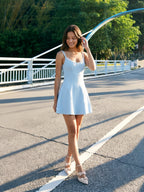 Sky Blue Matte Satin A-Line Square Neck Back Zip Mini Homecoming Dress - Curvevia