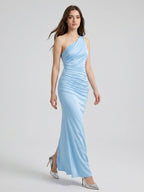 Sky Blue Matte Satin Mermaid One Shoulder Side Zip Floor-Length Bridesmaid Dress - Curvevia