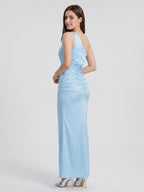 Sky Blue Matte Satin Mermaid One Shoulder Side Zip Floor-Length Bridesmaid Dress - Curvevia