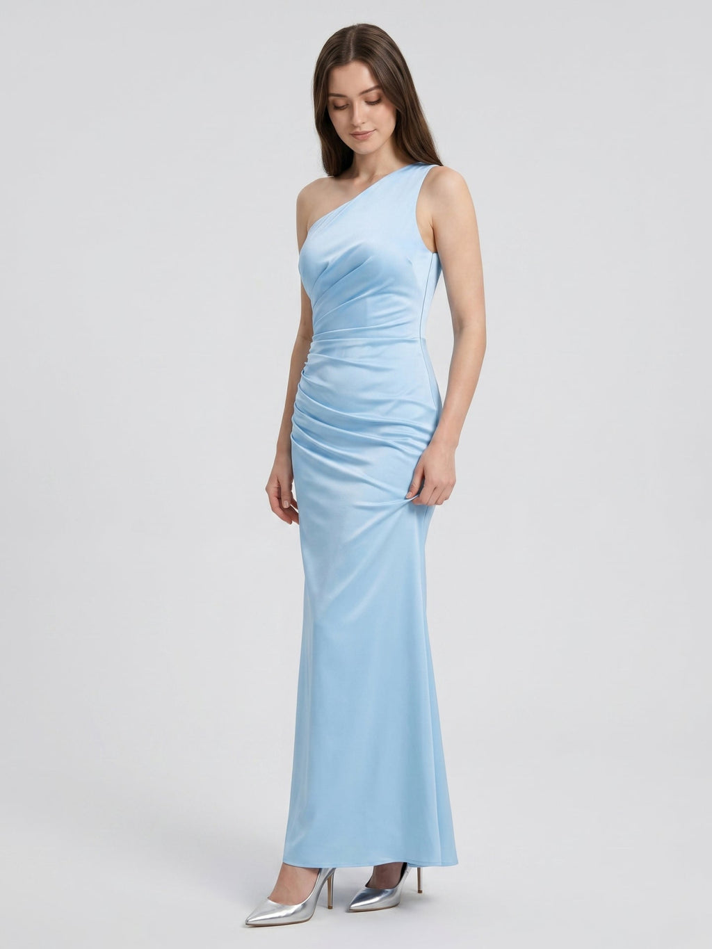 Sky Blue Matte Satin Mermaid One Shoulder Side Zip Floor-Length Bridesmaid Dress - Curvevia