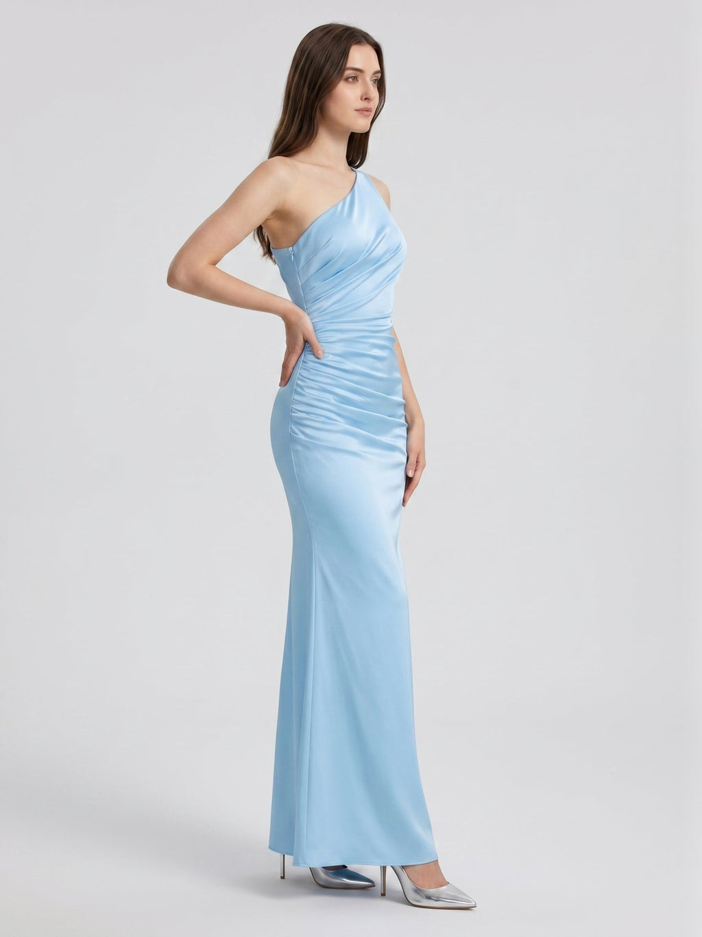 Sky Blue Matte Satin Mermaid One Shoulder Side Zip Floor-Length Bridesmaid Dress - Curvevia