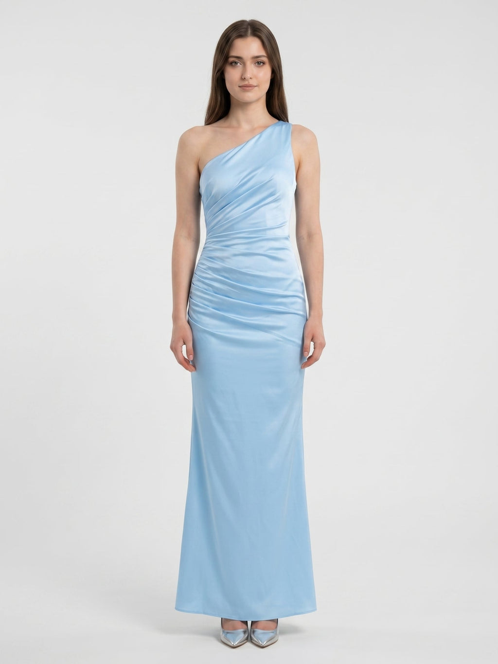 Sky Blue Matte Satin Mermaid One Shoulder Side Zip Floor-Length Bridesmaid Dress - Curvevia