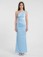 Sky Blue Matte Satin Mermaid One Shoulder Side Zip Floor-Length Bridesmaid Dress - Curvevia