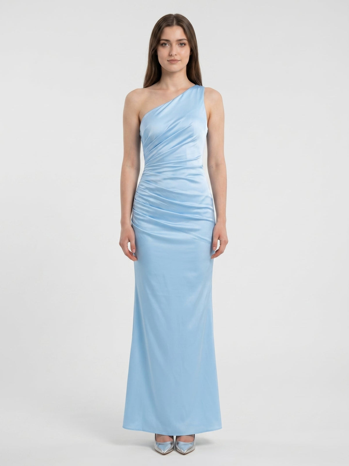 Sky Blue Matte Satin Mermaid One Shoulder Side Zip Floor-Length Bridesmaid Dress - Curvevia