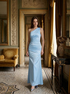 Sky Blue Matte Satin Mermaid One Shoulder Side Zip Floor-Length Bridesmaid Dress - Curvevia