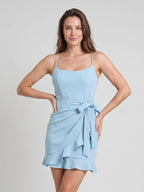 Sky Blue Matte Satin Sheath Straight Neck Short Dress with Ruffles - Curvevia
