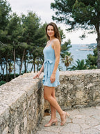 Sky Blue Matte Satin Sheath Straight Neck Short Dress with Ruffles - Curvevia