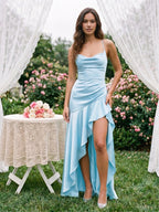 Sky Blue Matte Satin Sheath V-Neck Criss-Cross Straps Asymmetrical Formal Dress with Ruffles - Curvevia