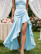 Sky Blue Matte Satin Sheath V-Neck Criss-Cross Straps Asymmetrical Formal Dress with Ruffles - Curvevia