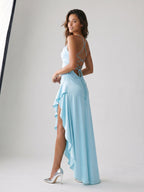 Sky Blue Matte Satin Sheath V-Neck Criss-Cross Straps Asymmetrical Formal Dress with Ruffles - Curvevia