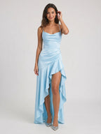 Sky Blue Matte Satin Sheath V-Neck Criss-Cross Straps Asymmetrical Formal Dress with Ruffles - Curvevia