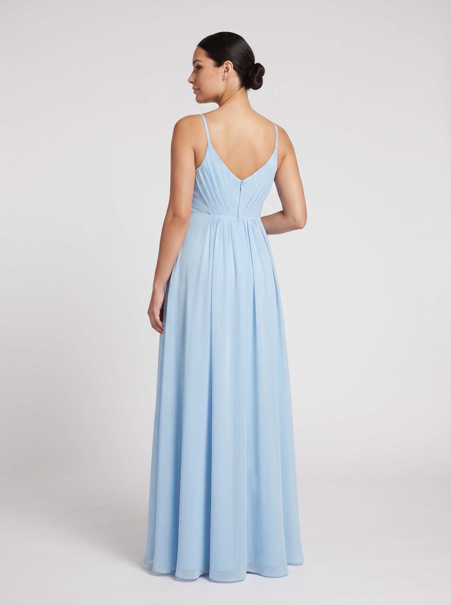 Sky Blue Mesh A-Line V-Neck Back Zip Ankle-Length Maternity Bridesmaid Dress - Curvevia