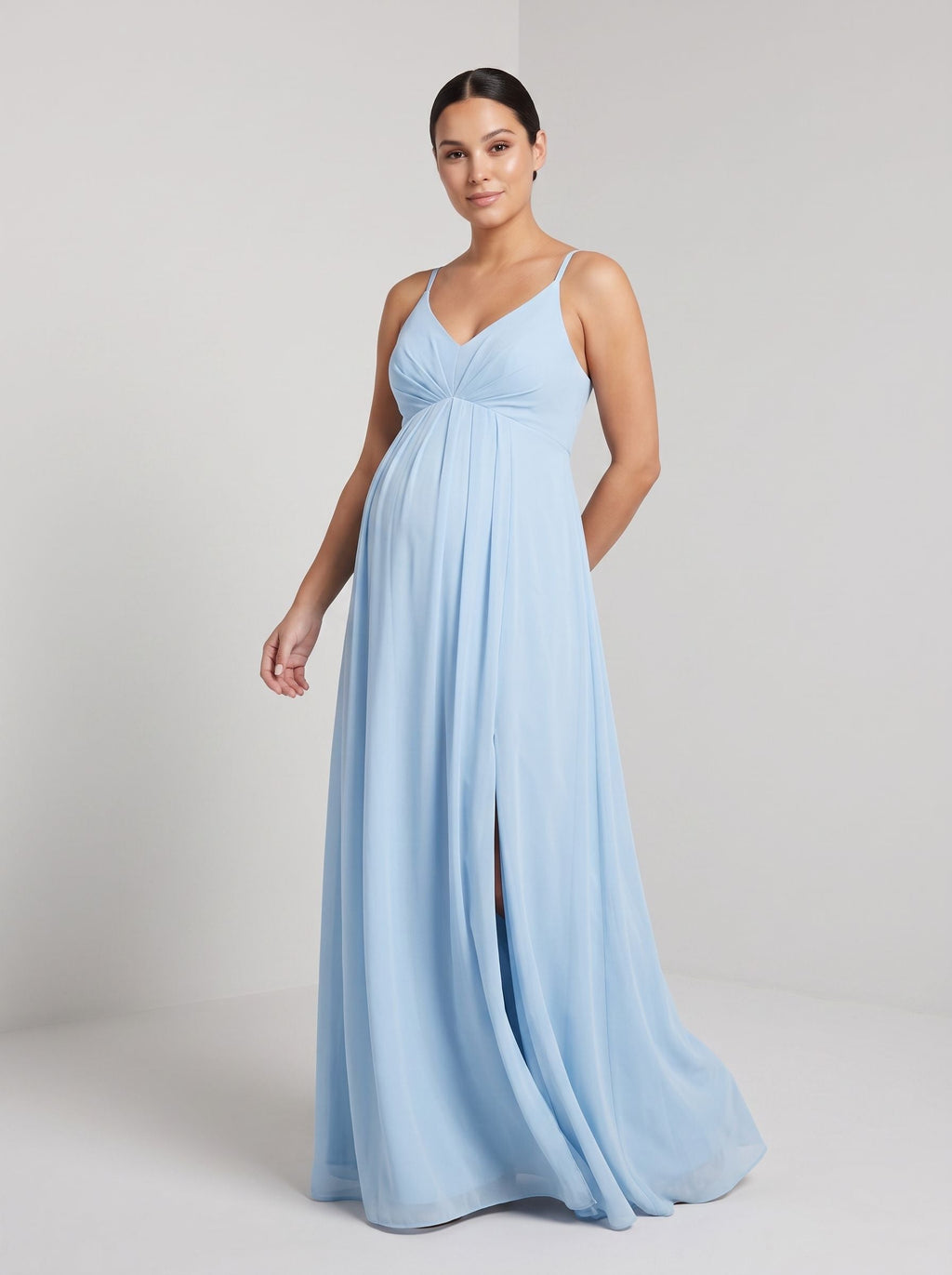 Sky Blue Mesh A-Line V-Neck Back Zip Ankle-Length Maternity Bridesmaid Dress - Curvevia