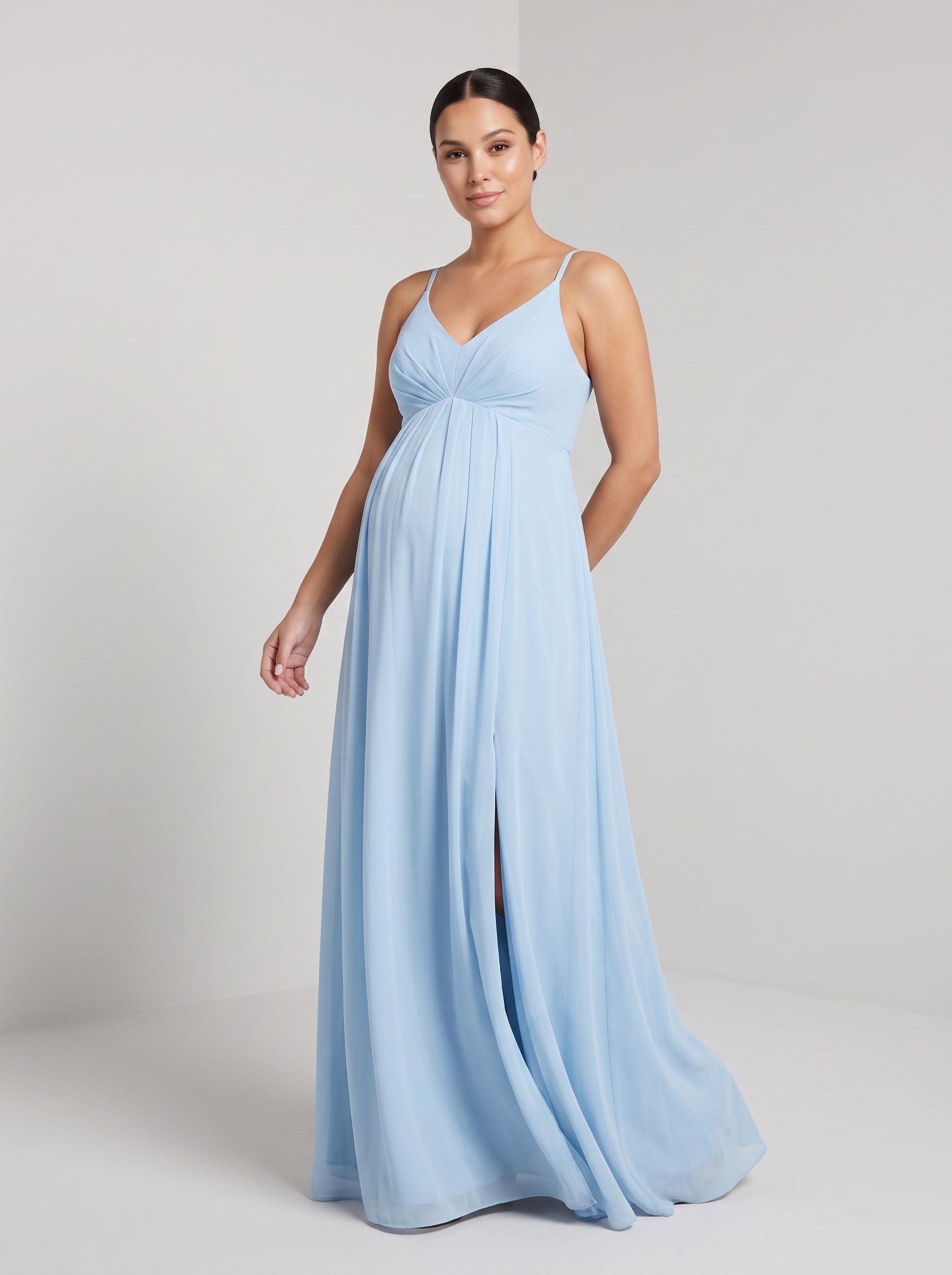 Sky Blue Mesh A-Line V-Neck Back Zip Ankle-Length Maternity Bridesmaid Dress - Curvevia