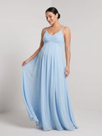 Sky Blue Mesh A-Line V-Neck Back Zip Ankle-Length Maternity Bridesmaid Dress - Curvevia