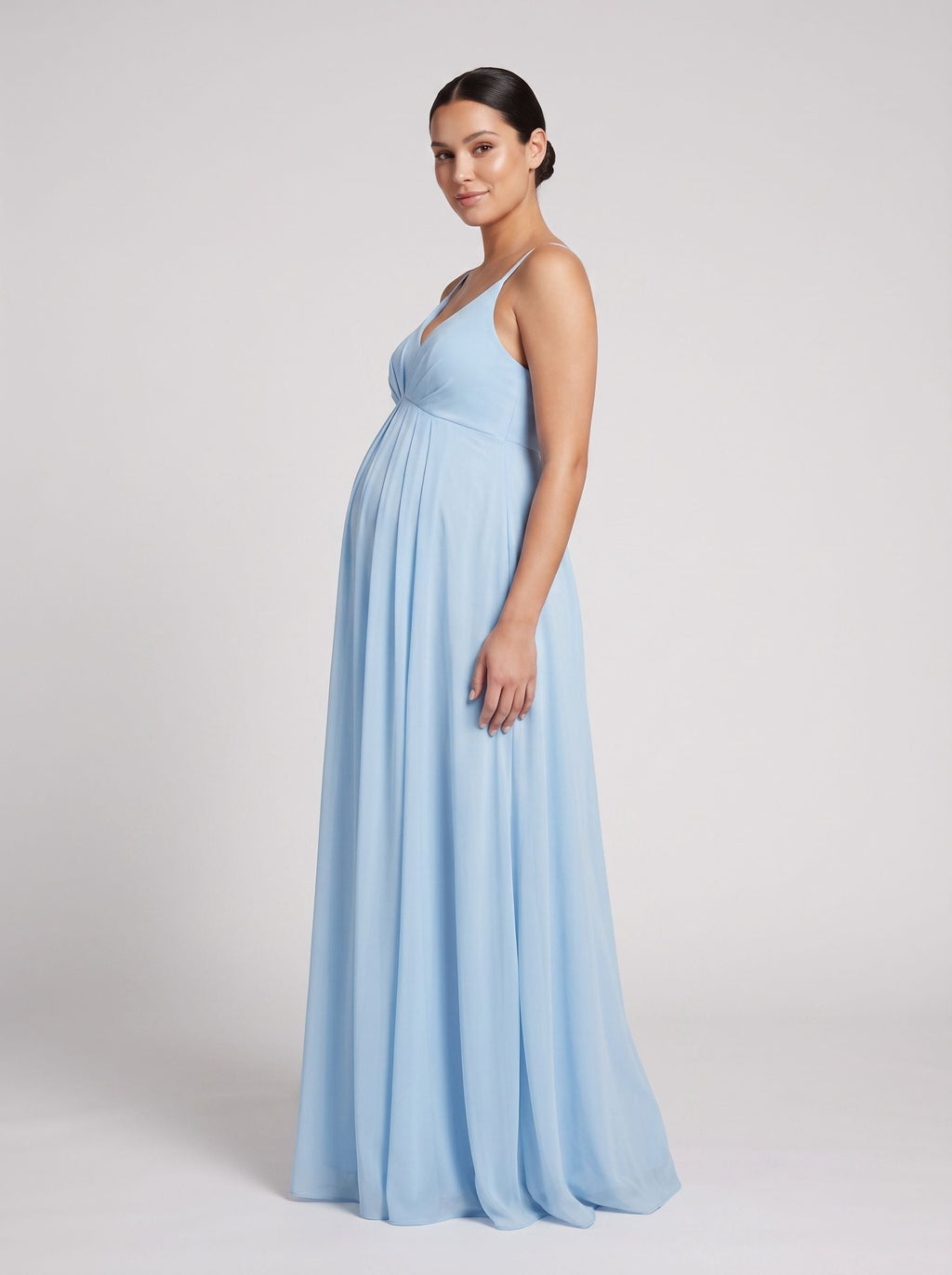 Sky Blue Mesh A-Line V-Neck Back Zip Ankle-Length Maternity Bridesmaid Dress - Curvevia