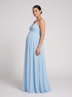 Sky Blue Mesh A-Line V-Neck Back Zip Ankle-Length Maternity Bridesmaid Dress - Curvevia