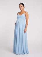 Sky Blue Mesh A-Line V-Neck Back Zip Ankle-Length Maternity Bridesmaid Dress - Curvevia