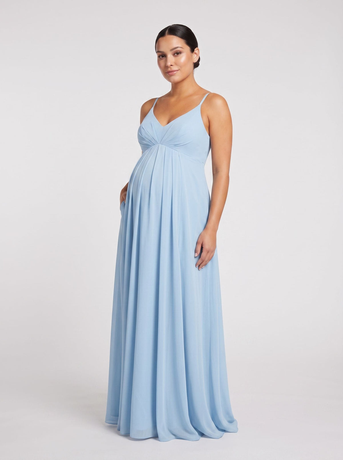 Sky Blue Mesh A-Line V-Neck Back Zip Ankle-Length Maternity Bridesmaid Dress - Curvevia