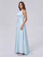 Sky Blue Satin A-Line Scoop Neck Back Zip Floor-Length Bridesmaid Dress - Curvevia