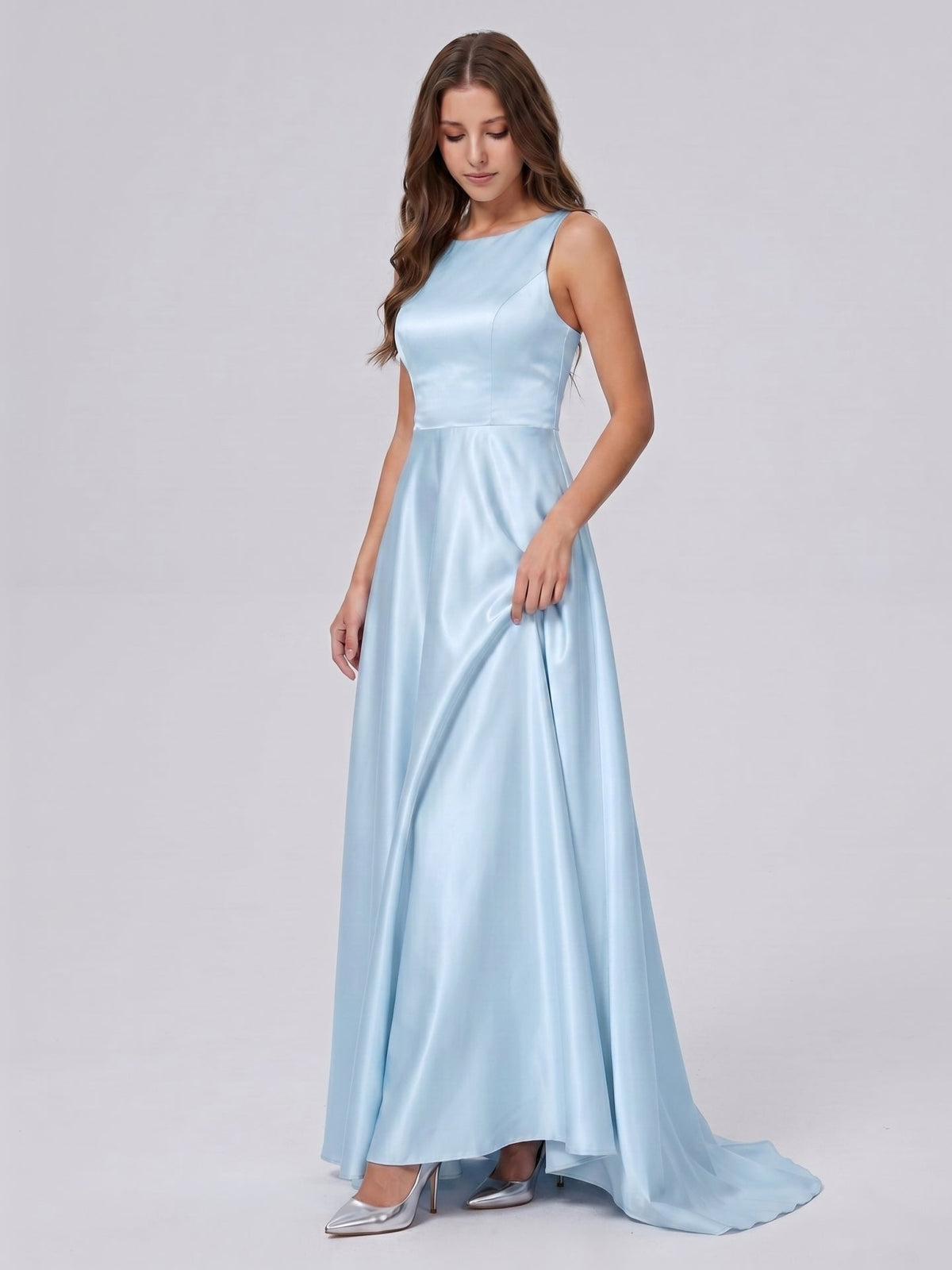 Sky Blue Satin A-Line Scoop Neck Back Zip Floor-Length Bridesmaid Dress - Curvevia
