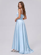 Sky Blue Satin A-Line Scoop Neck Back Zip Floor-Length Bridesmaid Dress - Curvevia