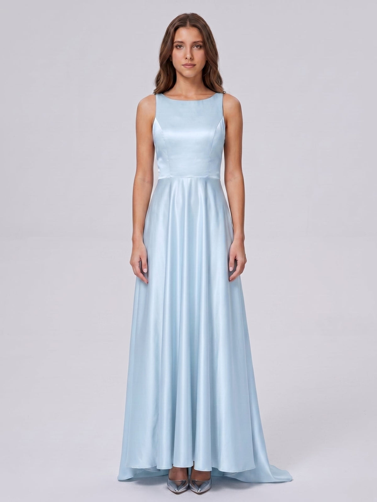 Sky Blue Satin A-Line Scoop Neck Back Zip Floor-Length Bridesmaid Dress - Curvevia