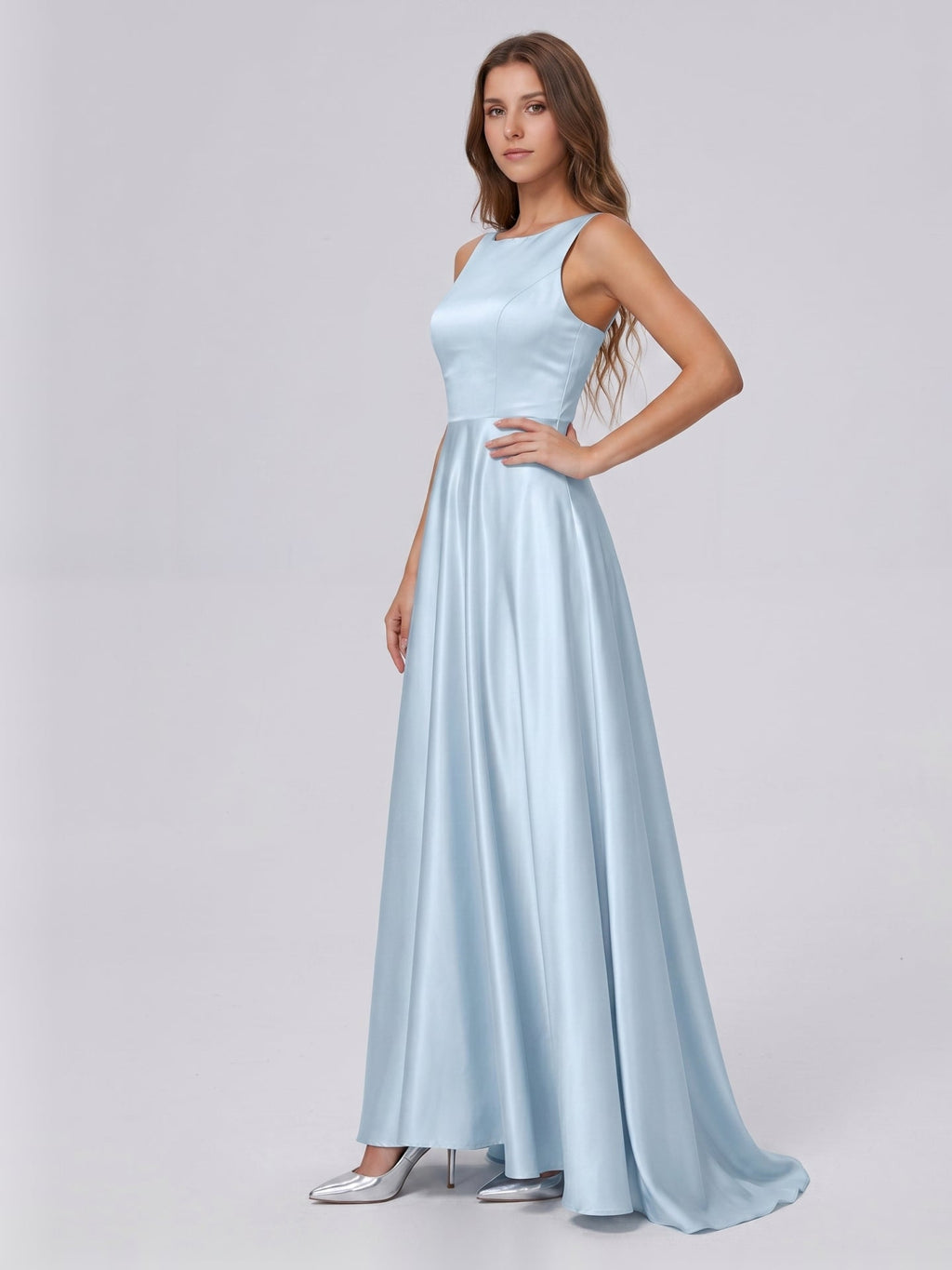 Sky Blue Satin A-Line Scoop Neck Back Zip Floor-Length Bridesmaid Dress - Curvevia