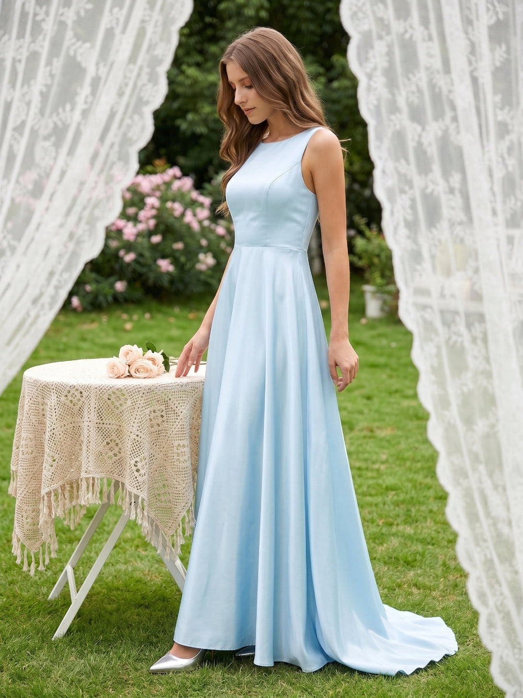 Sky Blue Satin A-Line Scoop Neck Back Zip Floor-Length Bridesmaid Dress - Curvevia