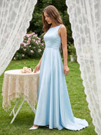 Sky Blue Satin A-Line Scoop Neck Back Zip Floor-Length Bridesmaid Dress - Curvevia