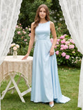 Sky Blue Satin A-Line Scoop Neck Back Zip Floor-Length Bridesmaid Dress - Curvevia