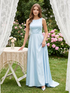 Sky Blue Satin A-Line Scoop Neck Back Zip Floor-Length Bridesmaid Dress - Curvevia