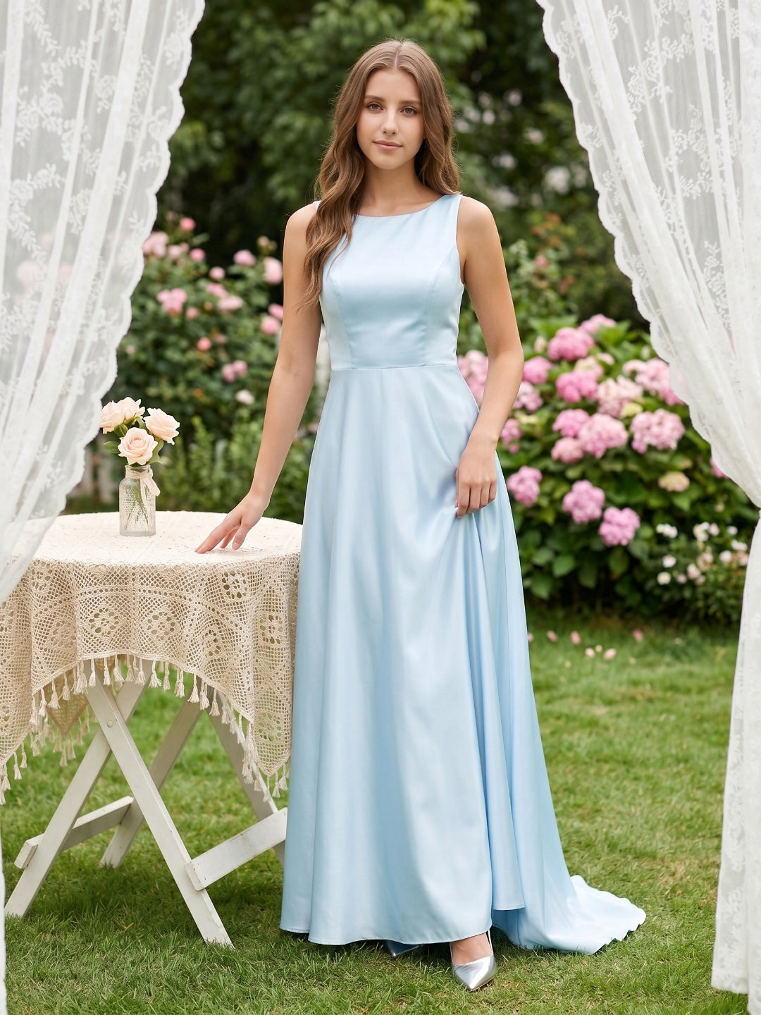 Sky Blue Satin A-Line Scoop Neck Back Zip Floor-Length Bridesmaid Dress - Curvevia