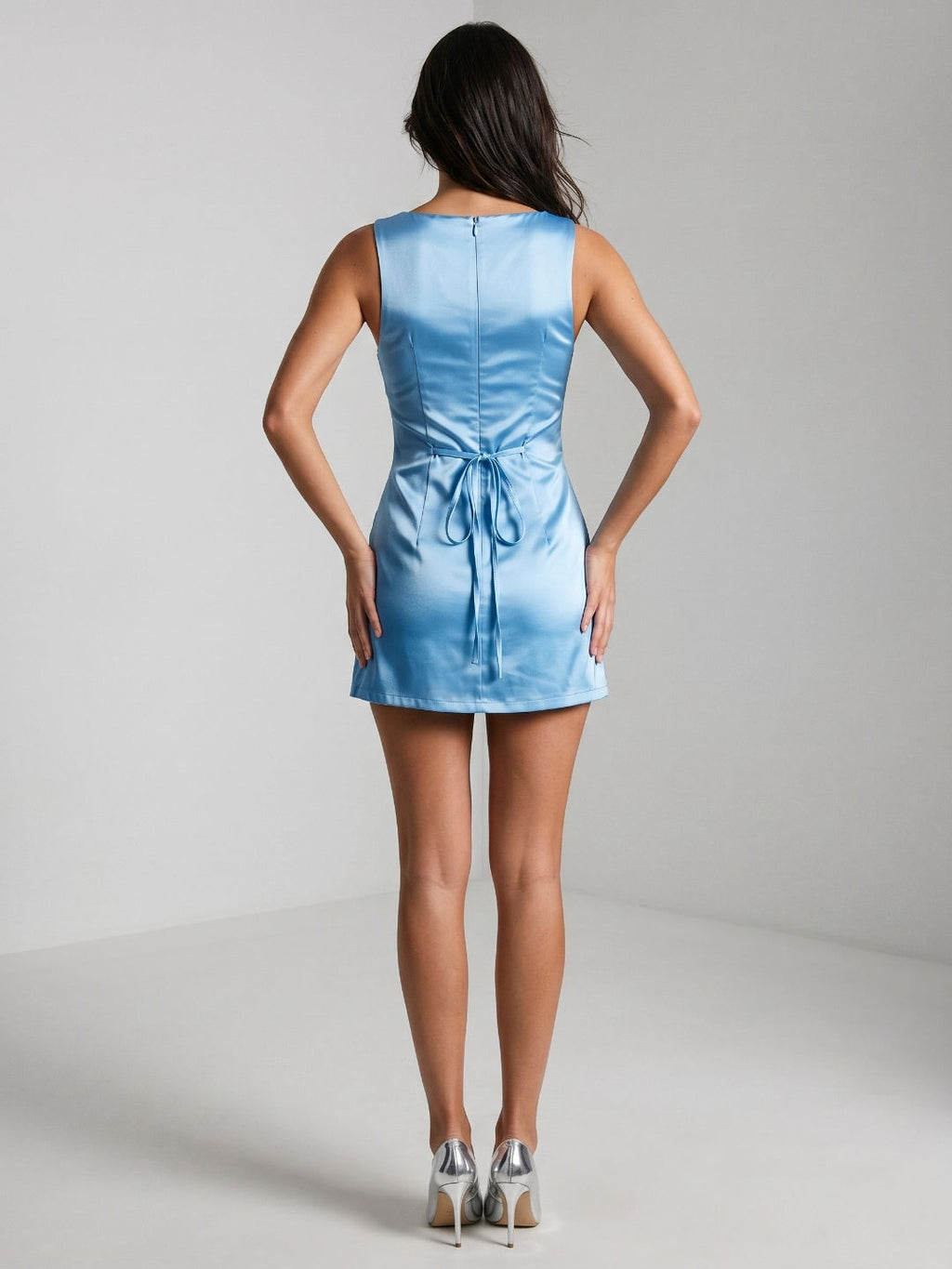 Sky Blue Satin A-Line Scoop Neck Back Zip Short Dress - Curvevia