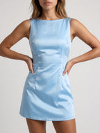 Sky Blue Satin A-Line Scoop Neck Back Zip Short Dress - Curvevia