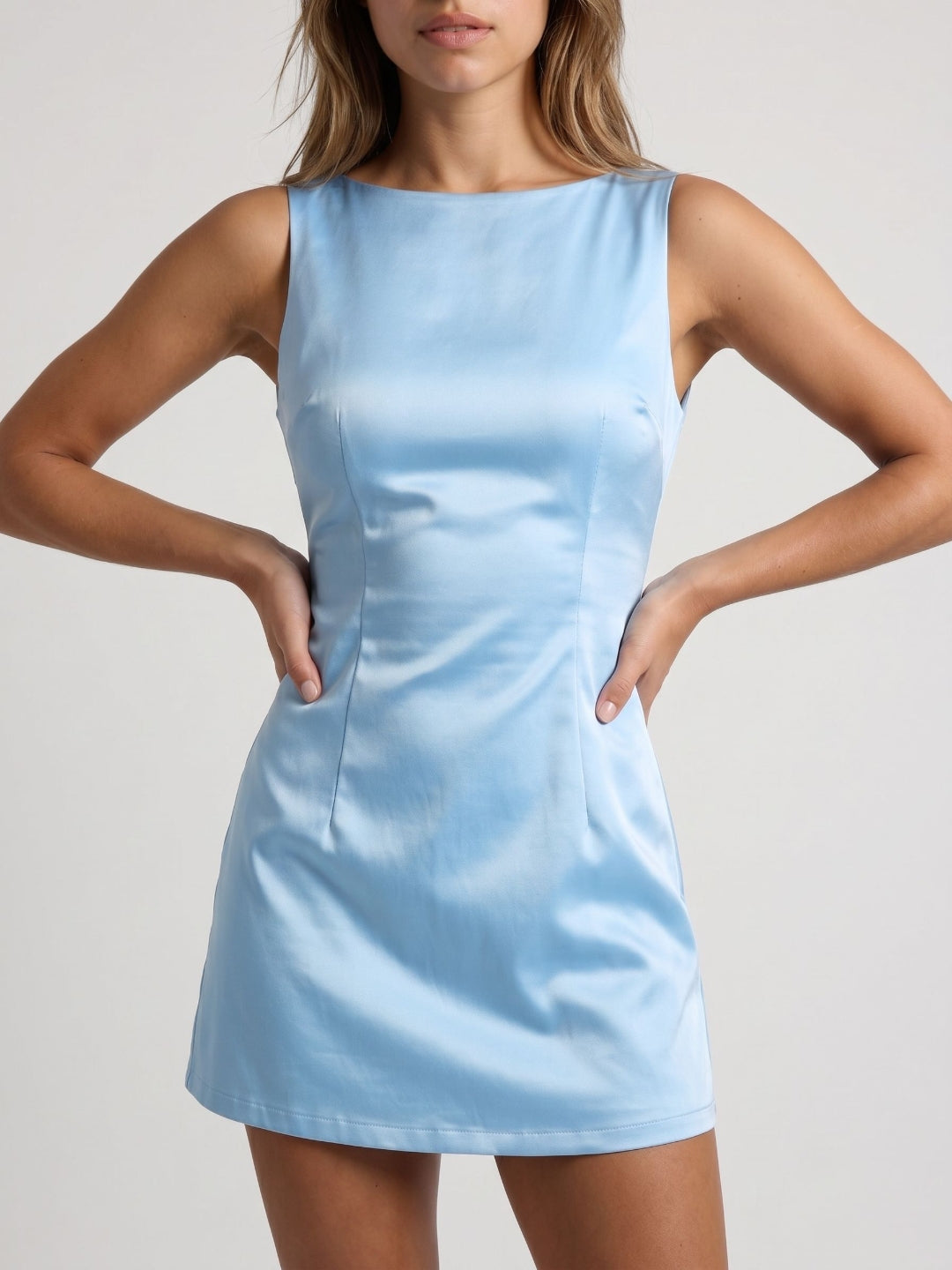 Sky Blue Satin A-Line Scoop Neck Back Zip Short Dress - Curvevia
