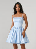 Sky Blue Satin A-Line Square Neck Short Homecoming Dress with Pleating - Curvevia