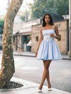 Sky Blue Satin A-Line Square Neck Short Homecoming Dress with Pleating - Curvevia