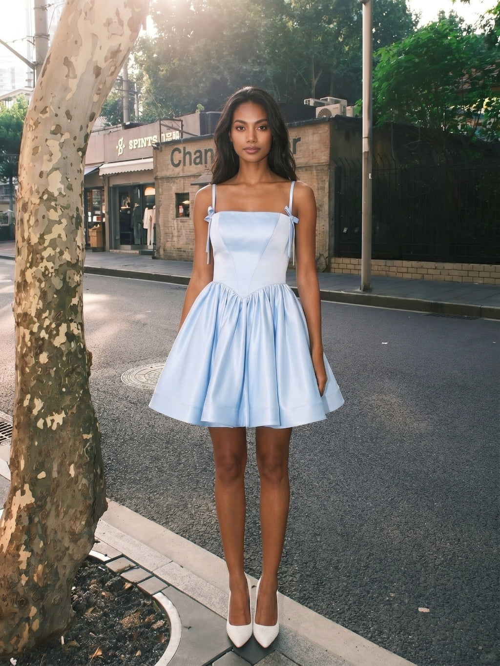 Sky Blue Satin A-Line Square Neck Short Homecoming Dress with Pleating - Curvevia